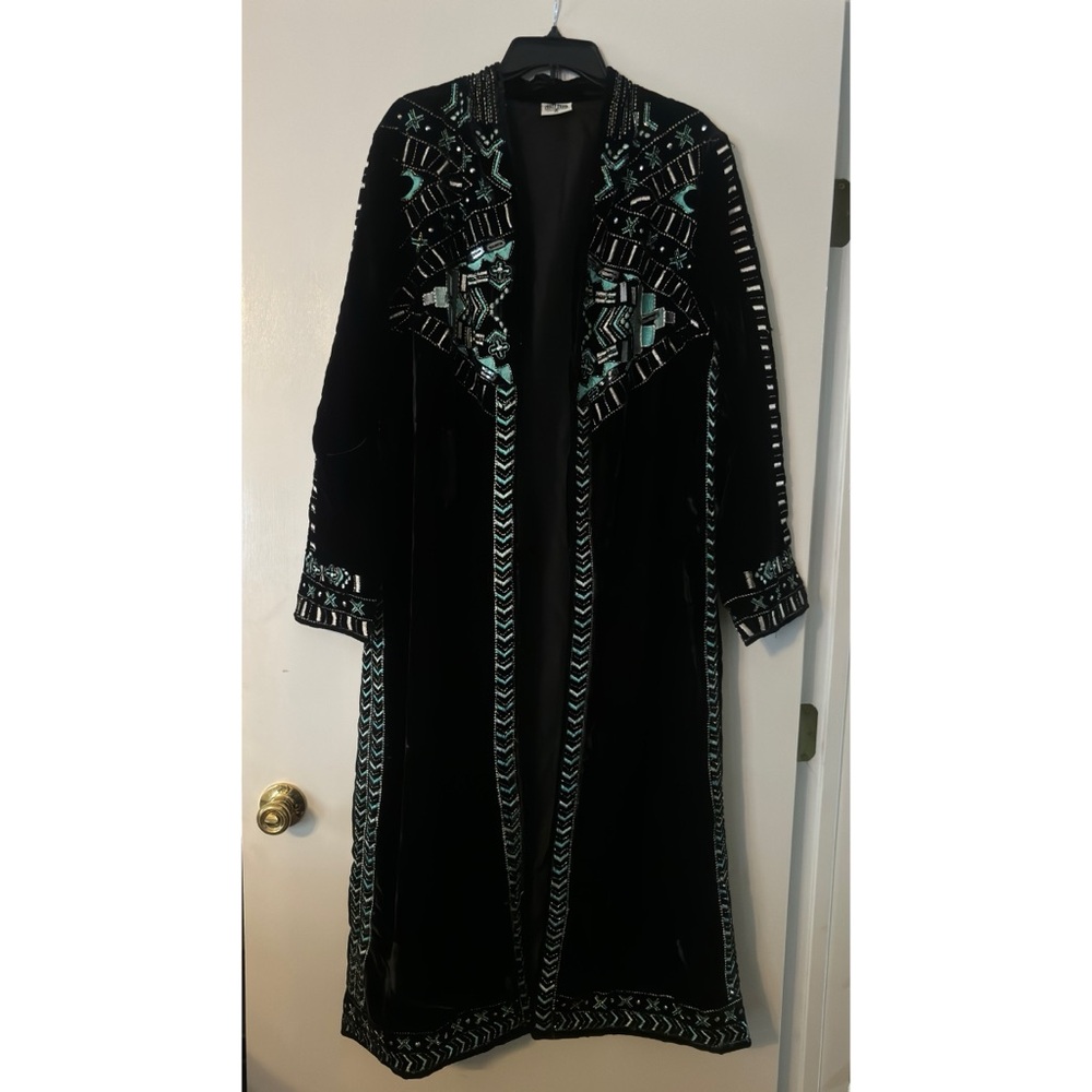 Crazy Train Velvet Black and Turquoise Embroidered Long jacket